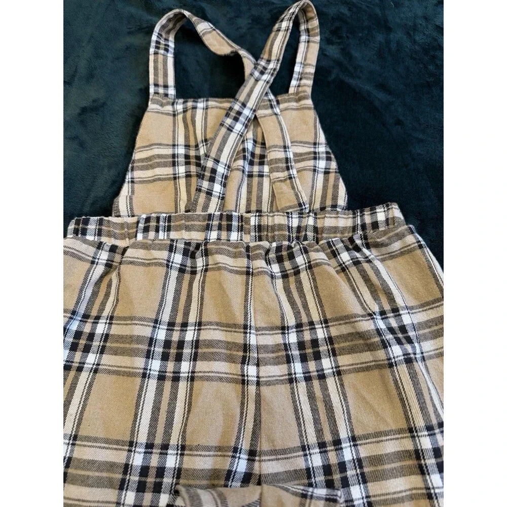 SHEIN Girls Plaid Overall Romper Shorts Beige Black Size 11-12Y